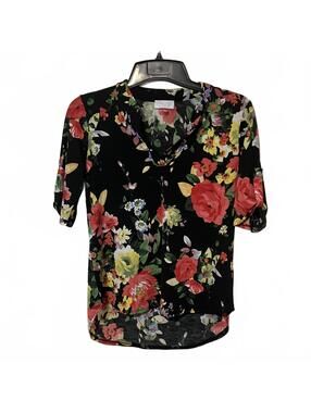 Pink Lily Black Floral Cottagecore Romantic 3/4 Sleeves Flowy Blouse Size Small